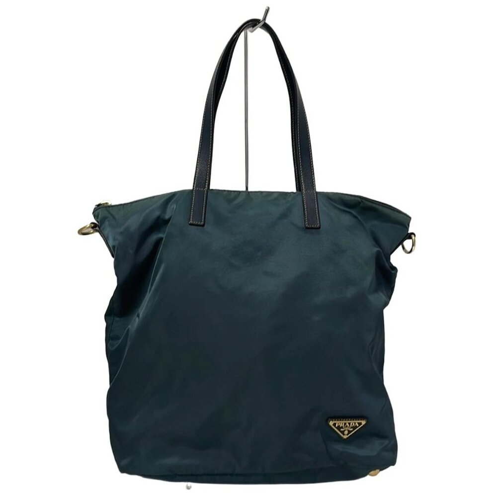 PRADA - Blue Green Navy Nylon Leather Handbag 400-053125